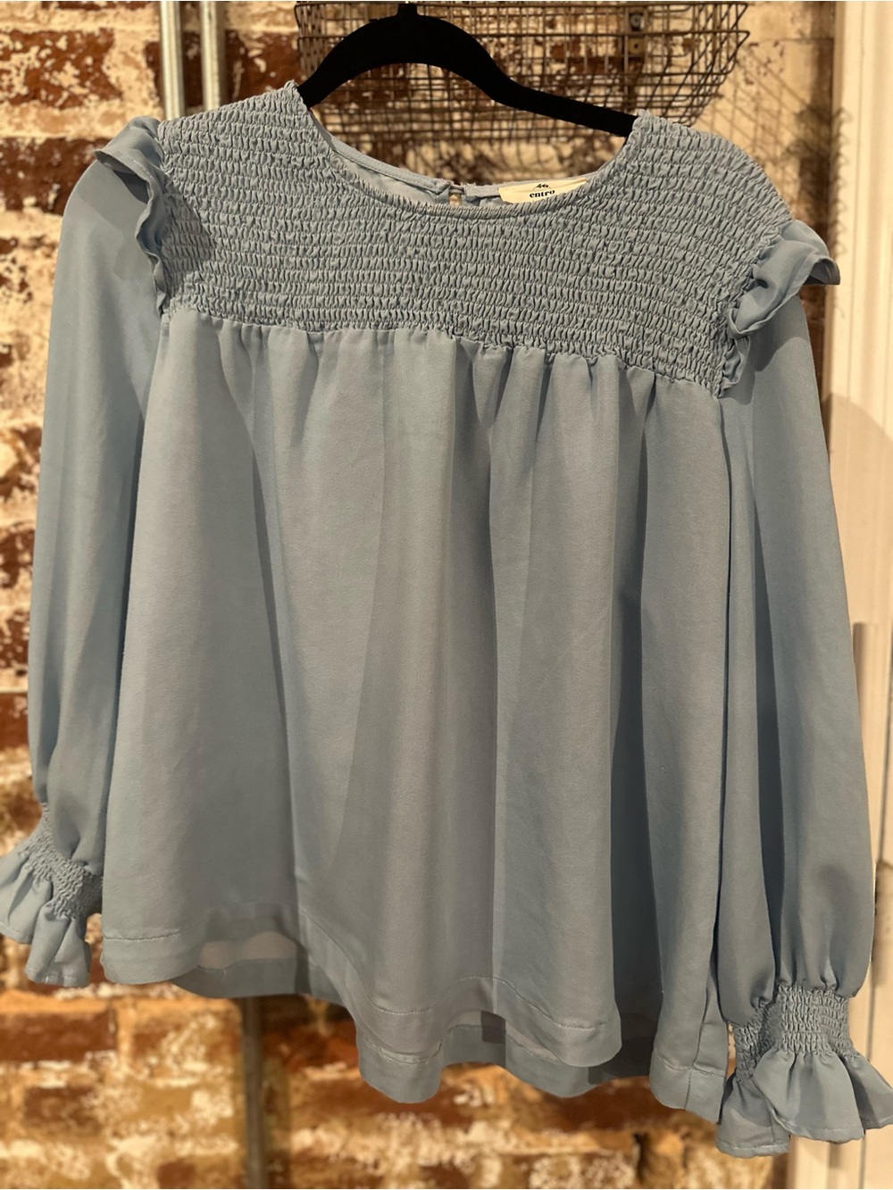 Entro Light Blue Smocked Yoke Long-Sleeve Women's Top, Size Large